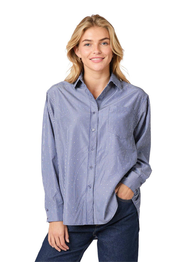 Dalma B Stripe Stone Shirt - Dark Blue-Blouses-Neo Noir-Butler Loftet