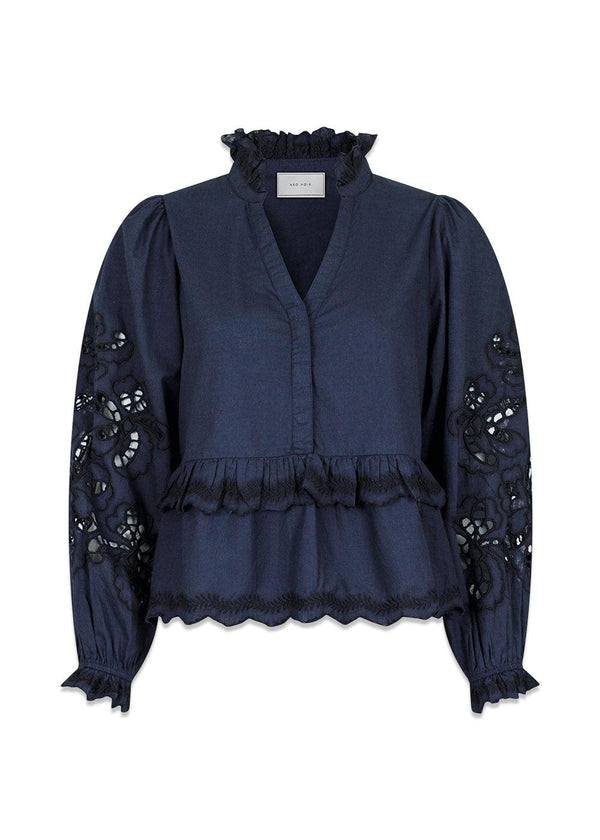 Kimmo Embroidery Blouse - Navy-Blouses-Neo Noir-Butler Loftet