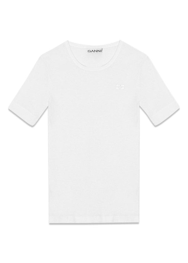 Zacht katoenen rib-T-shirt met korte mouwen - Helderwit-T-shirts-Ganni-Butler Loftet