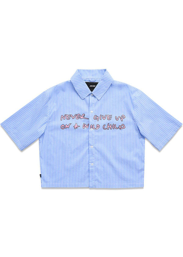 THEOTIS CROPPED OVERHEMD MET KORTE MOUWEN EN BORSTPRINT - Witte en blauwe strepen-shirts-ALIS-Butler Loftet