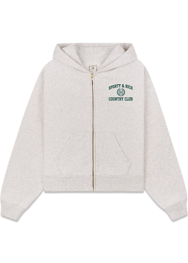 Varsity Crest Cropped Zip Hoodie - Heather Grey-Hoodies-Sporty & Rich-Butler Loftet