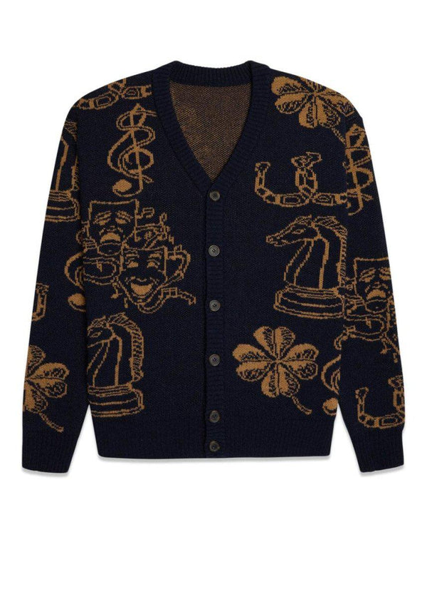 Woodbirds Koon Culture Cardigan - Camel-Navy. Køb strik her.